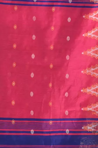Royal blue and pink cotton blend saree with ethnic motifs