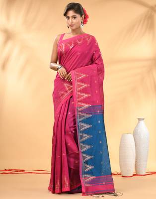 Pink and blue cotton blend saree with ethnic motifs 1