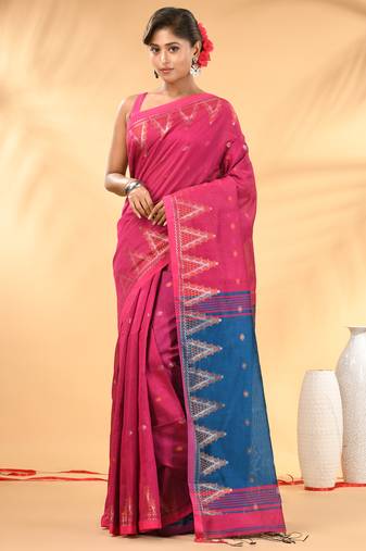 Pink and blue cotton blend saree with ethnic motifs