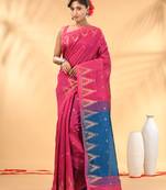 Pink and blue cotton blend saree with ethnic motifs