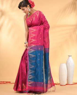 Pink and blue cotton blend saree with ethnic motifs 2