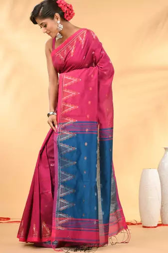 Pink and blue cotton blend saree with ethnic motifs