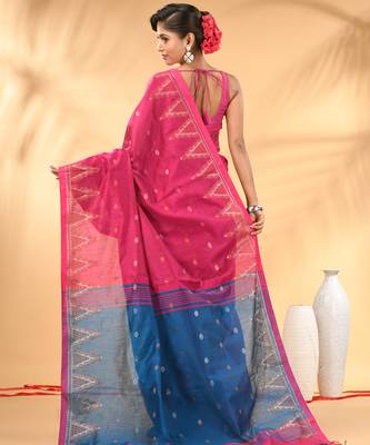 Pink and blue cotton blend saree with ethnic motifs 3