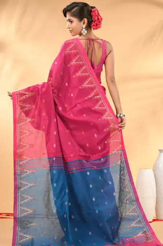 Pink and blue cotton blend saree with ethnic motifs