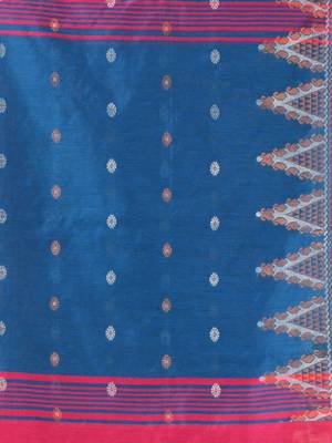 Pink and blue cotton blend saree with ethnic motifs 4