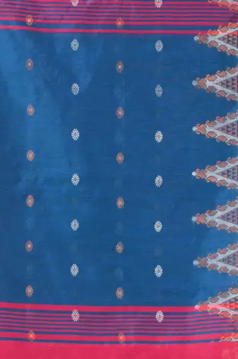 Pink and blue cotton blend saree with ethnic motifs