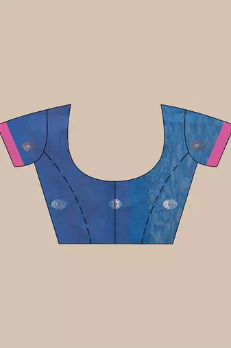 Pink and blue cotton blend saree with ethnic motifs