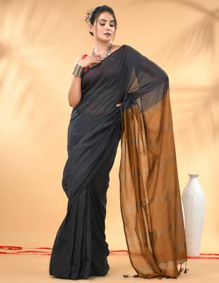 Grey and mustard soft cotton saree with zari strpie pallu 1