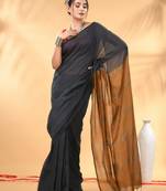 Grey and mustard soft cotton saree with zari strpie pallu