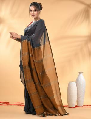 Grey and mustard soft cotton saree with zari strpie pallu 2