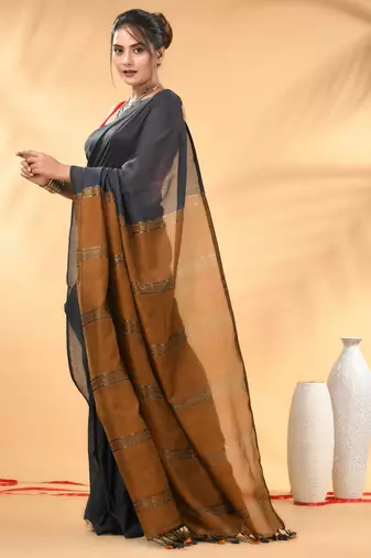 Grey and mustard soft cotton saree with zari strpie pallu