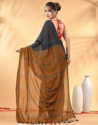 Grey and mustard soft cotton saree with zari strpie pallu 3