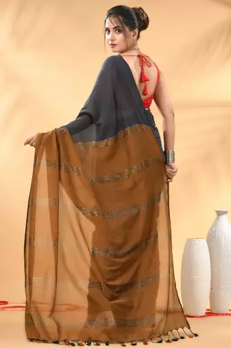 Grey and mustard soft cotton saree with zari strpie pallu