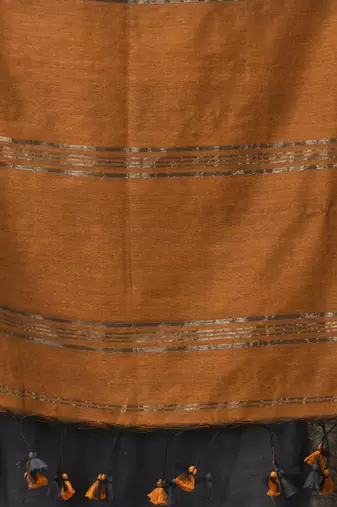 Grey and mustard soft cotton saree with zari strpie pallu