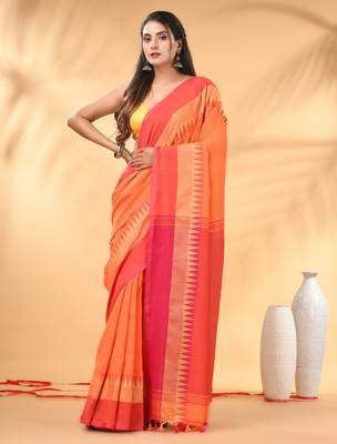 Orange and pink cotton saree with geometric woven border 1