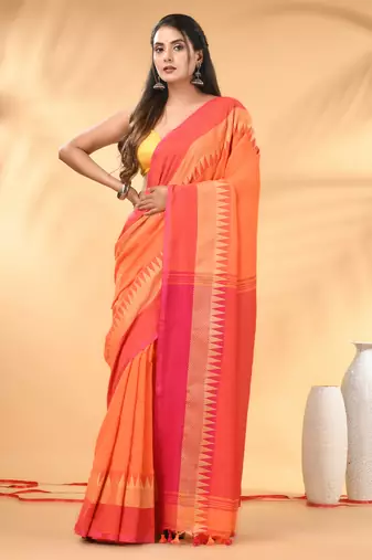 Orange and pink cotton saree with geometric woven border