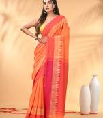 Orange and pink cotton saree with geometric woven border