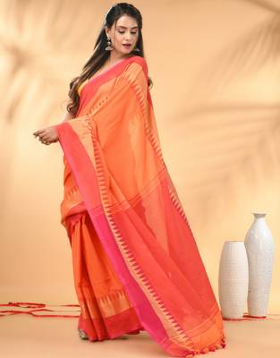 Orange and pink cotton saree with geometric woven border 2