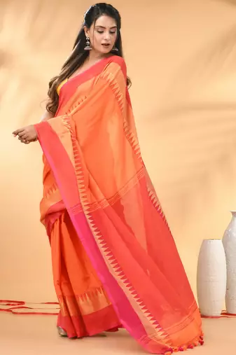 Orange and pink cotton saree with geometric woven border