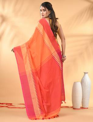 Orange and pink cotton saree with geometric woven border 3