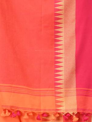 Orange and pink cotton saree with geometric woven border 4