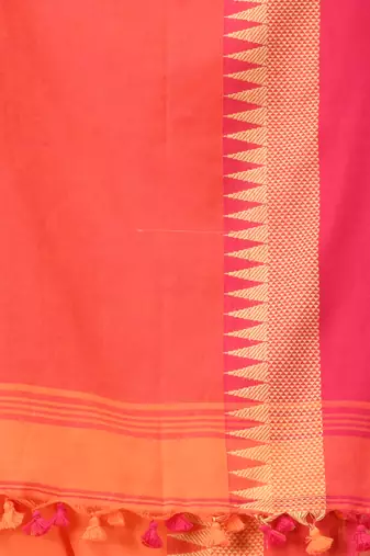 Orange and pink cotton saree with geometric woven border