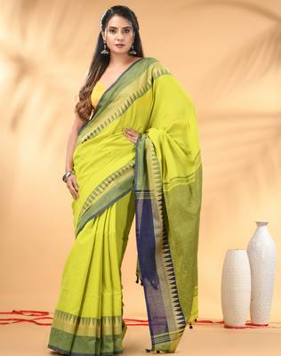 Lime green and navy blue cotton saree with geometric woven border 1
