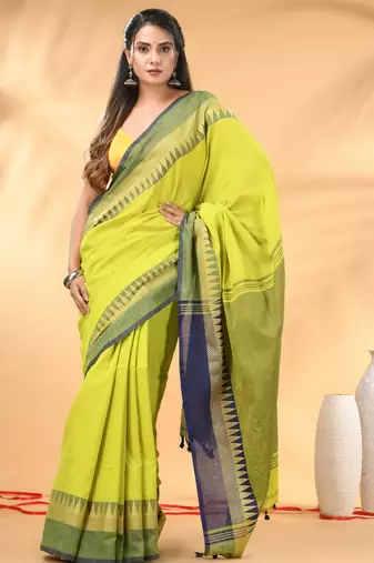 Lime green and navy blue cotton saree with geometric woven border