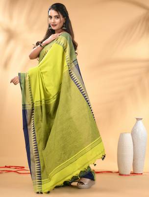 Lime green and navy blue cotton saree with geometric woven border 2