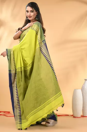 Lime green and navy blue cotton saree with geometric woven border