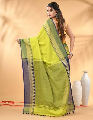 Lime green and navy blue cotton saree with geometric woven border 3