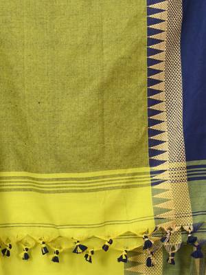 Lime green and navy blue cotton saree with geometric woven border 4