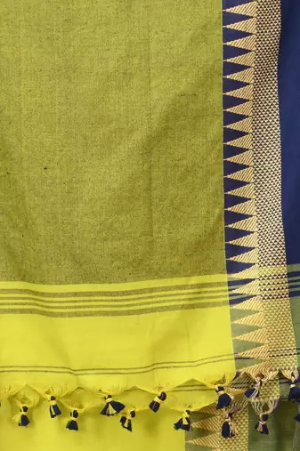 Lime green and navy blue cotton saree with geometric woven border