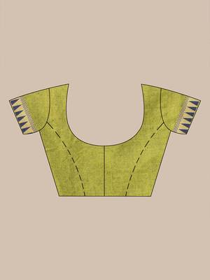 Lime green and navy blue cotton saree with geometric woven border 5