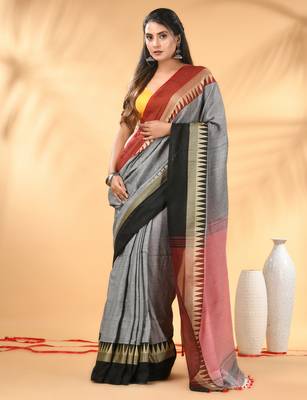 Grey and maroon cotton blend saree with black contrast border 1