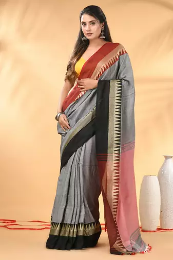 Grey and maroon cotton blend saree with black contrast border