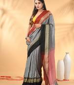 Grey and maroon cotton blend saree with black contrast border