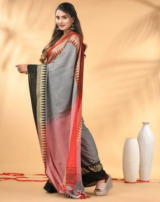 Grey and maroon cotton blend saree with black contrast border 2
