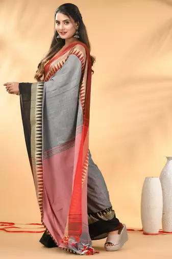 Grey and maroon cotton blend saree with black contrast border