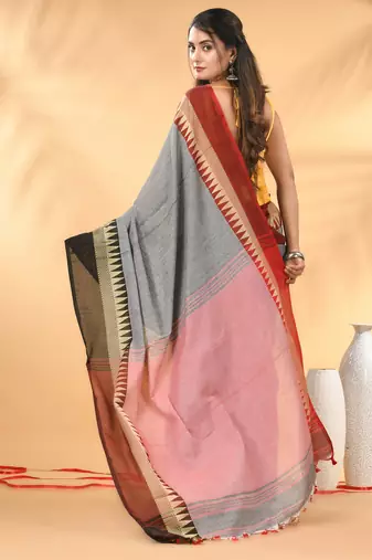 Grey and maroon cotton blend saree with black contrast border
