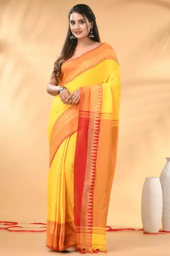 Yellow and red cotton saree with geometric woven border
