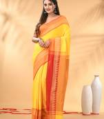 Yellow and red cotton saree with geometric woven border