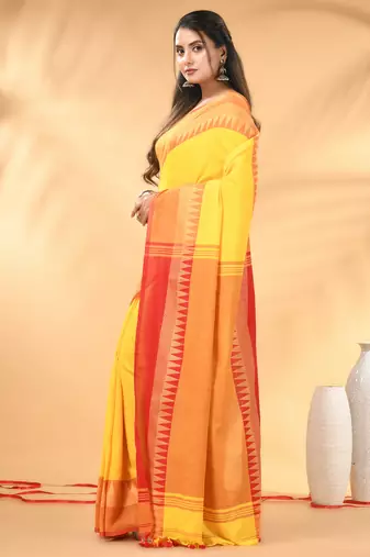 Yellow and red cotton saree with geometric woven border