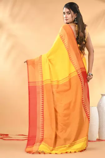 Yellow and red cotton saree with geometric woven border