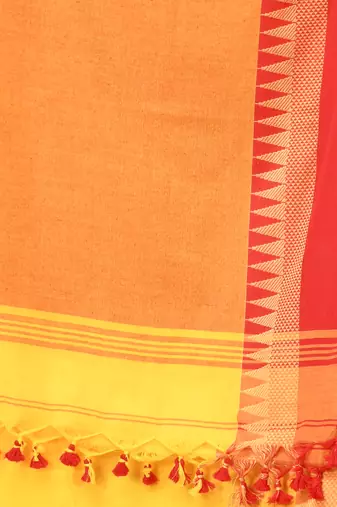 Yellow and red cotton saree with geometric woven border