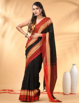 Black and red cotton saree with geometric woven border 1