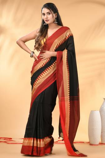Black and red cotton saree with geometric woven border