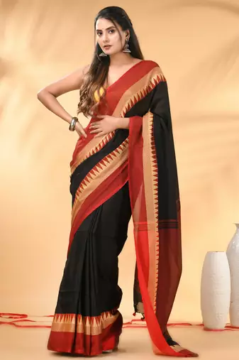 Black and red cotton saree with geometric woven border