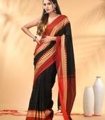 Black and red cotton saree with geometric woven border