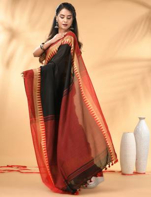 Black and red cotton saree with geometric woven border 2